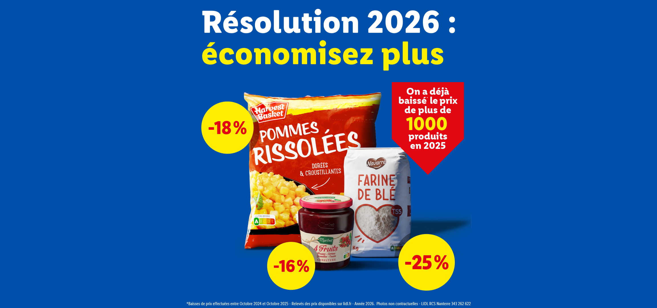 Publicité Lidl avec des pommes rissolées, de la farine et de la confiture, annonçant des économies pour 2026.