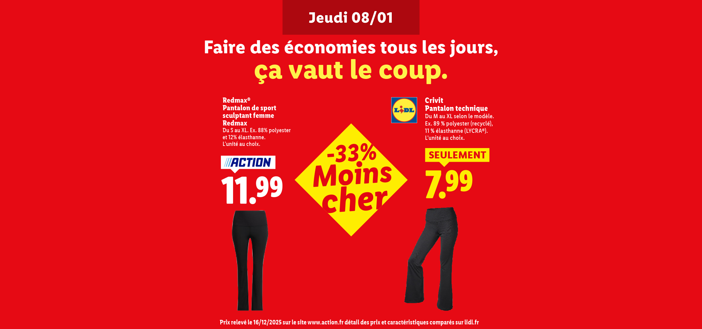 Publicité pour des pantalons de sport Redmax et Crivit, avec des réductions et des prix.