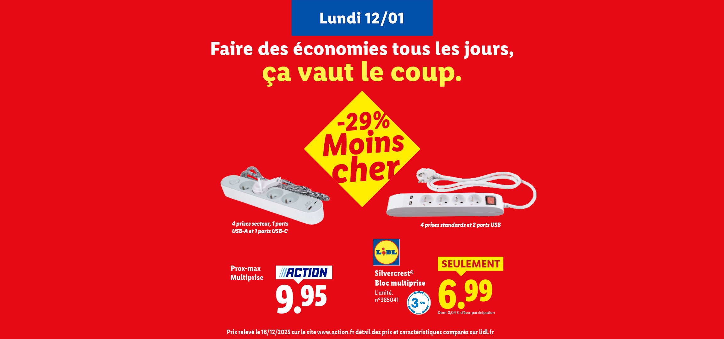 Comparaison de multiprises Action et Silvercrest, avec des réductions et des prix affichés.
