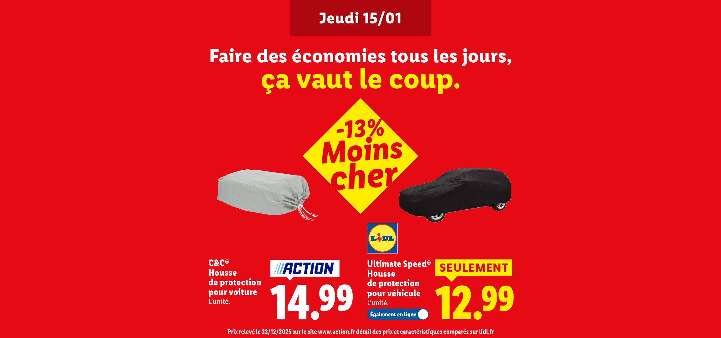 Comparaison de prix entre une housse de protection pour voiture C&C® et une housse Ultimate Speed® de Lidl.