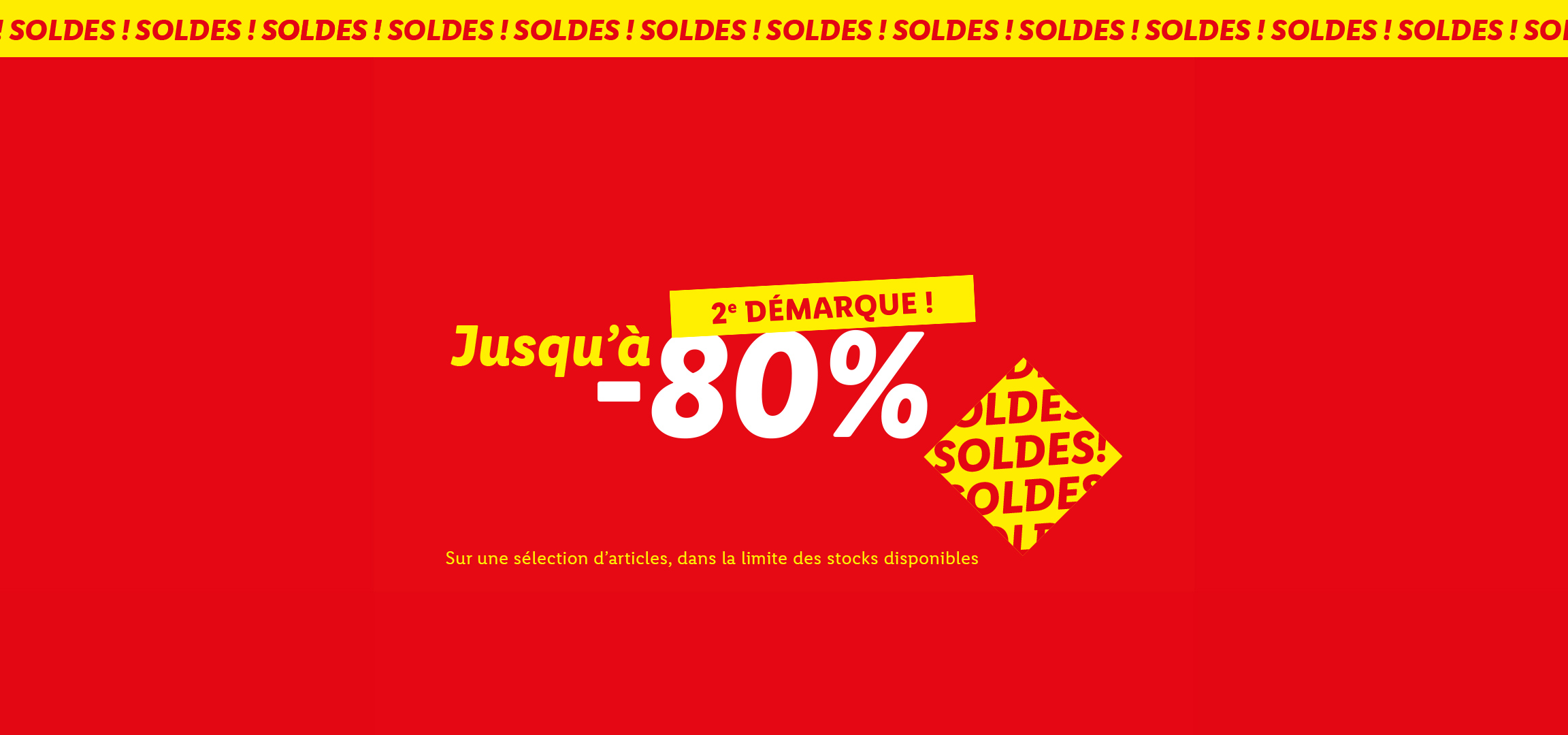 Bannière de soldes avec jusqu'à -80% sur une sélection d'articles.