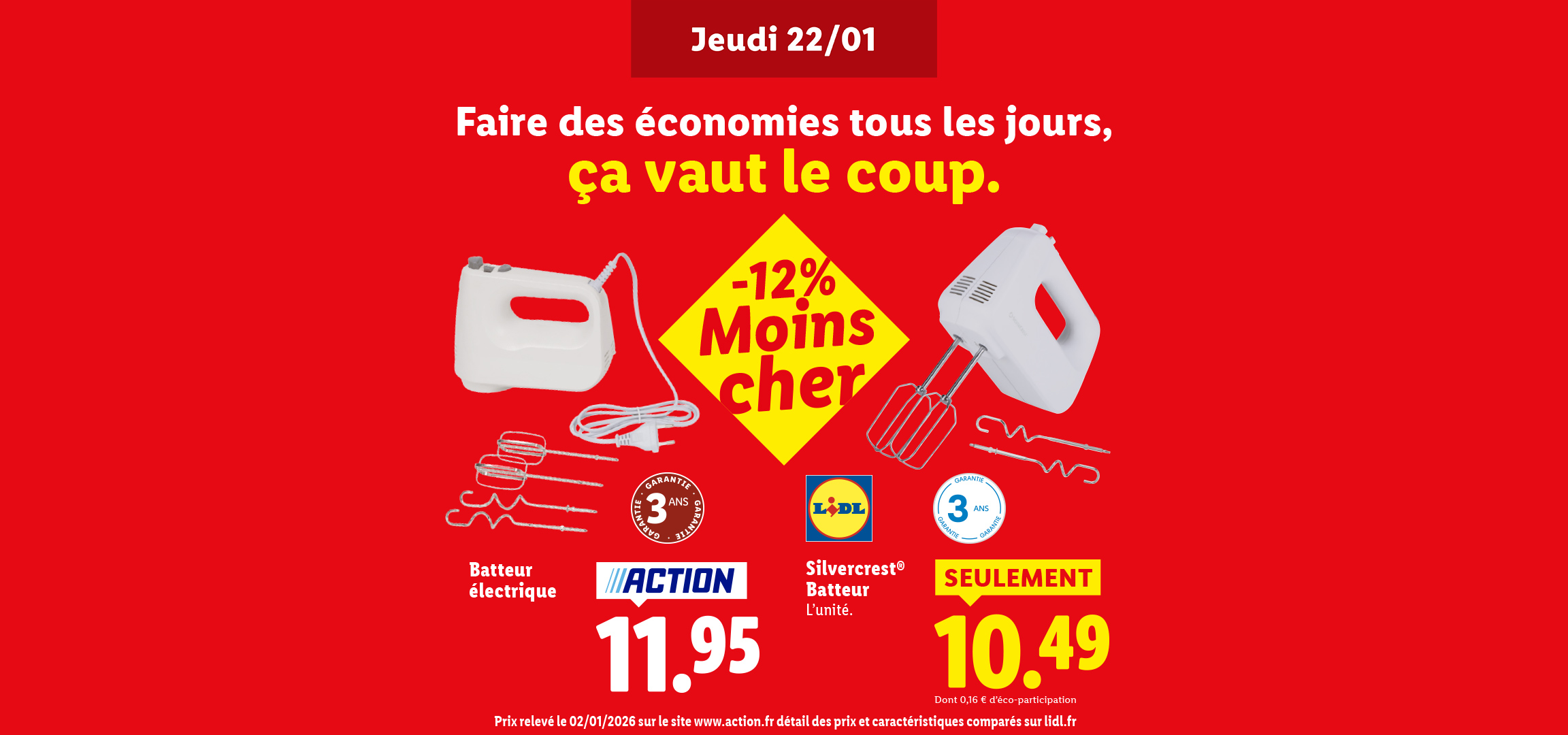 Publicité pour des batteurs électriques Silvercrest et Action, avec des prix réduits.