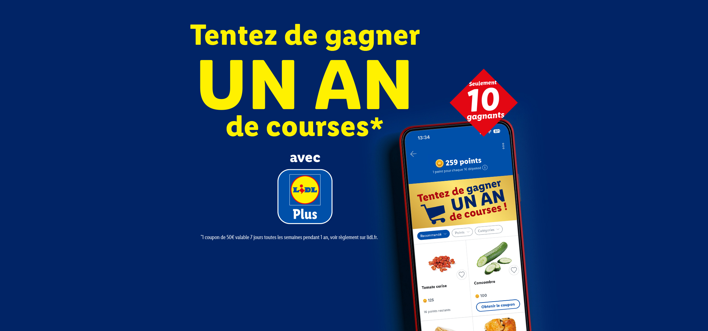 Publicité pour gagner un an de courses avec l'application, montrant des tomates cerises et un concombre.