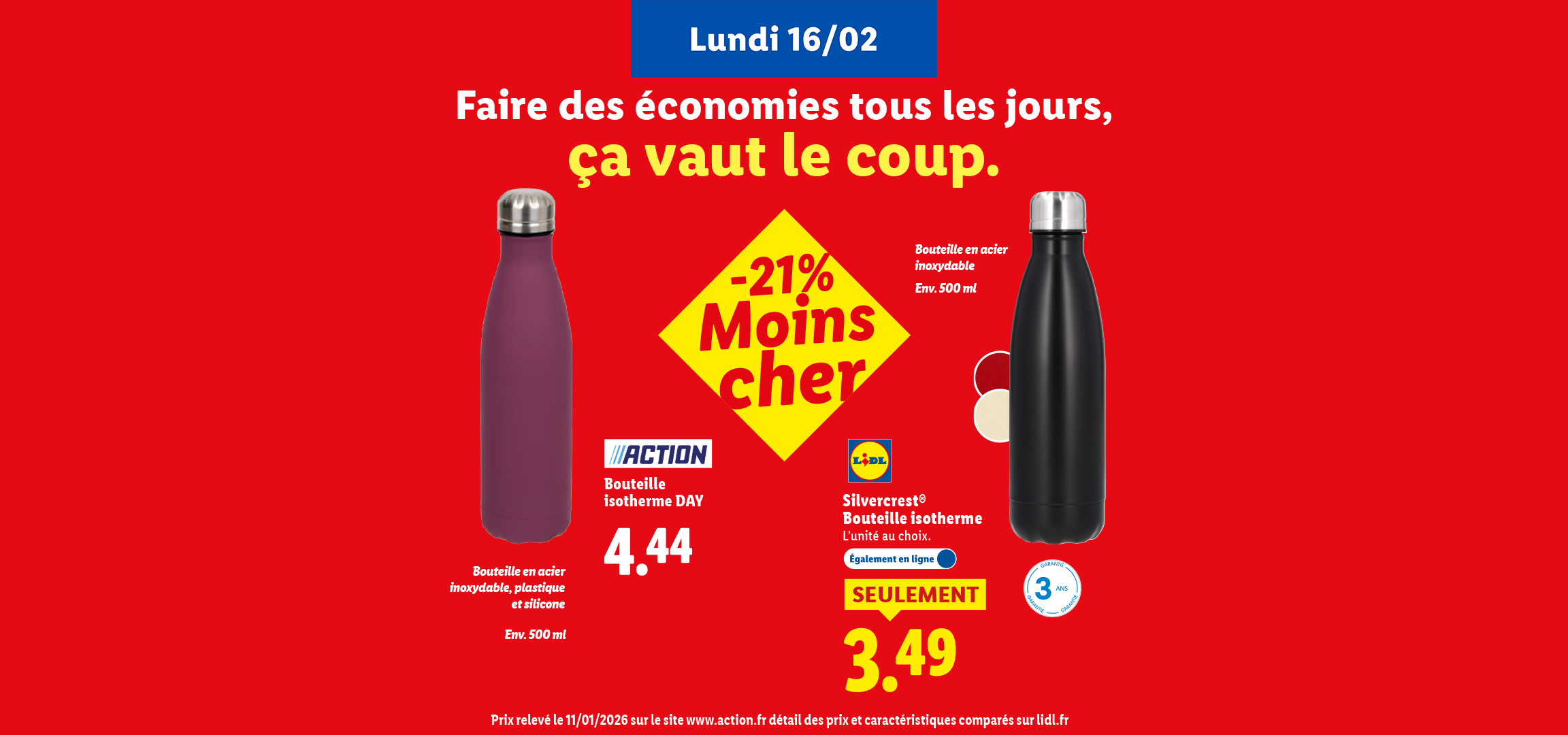 Publicité pour des bouteilles isothermes en acier inoxydable, avec une offre spéciale.