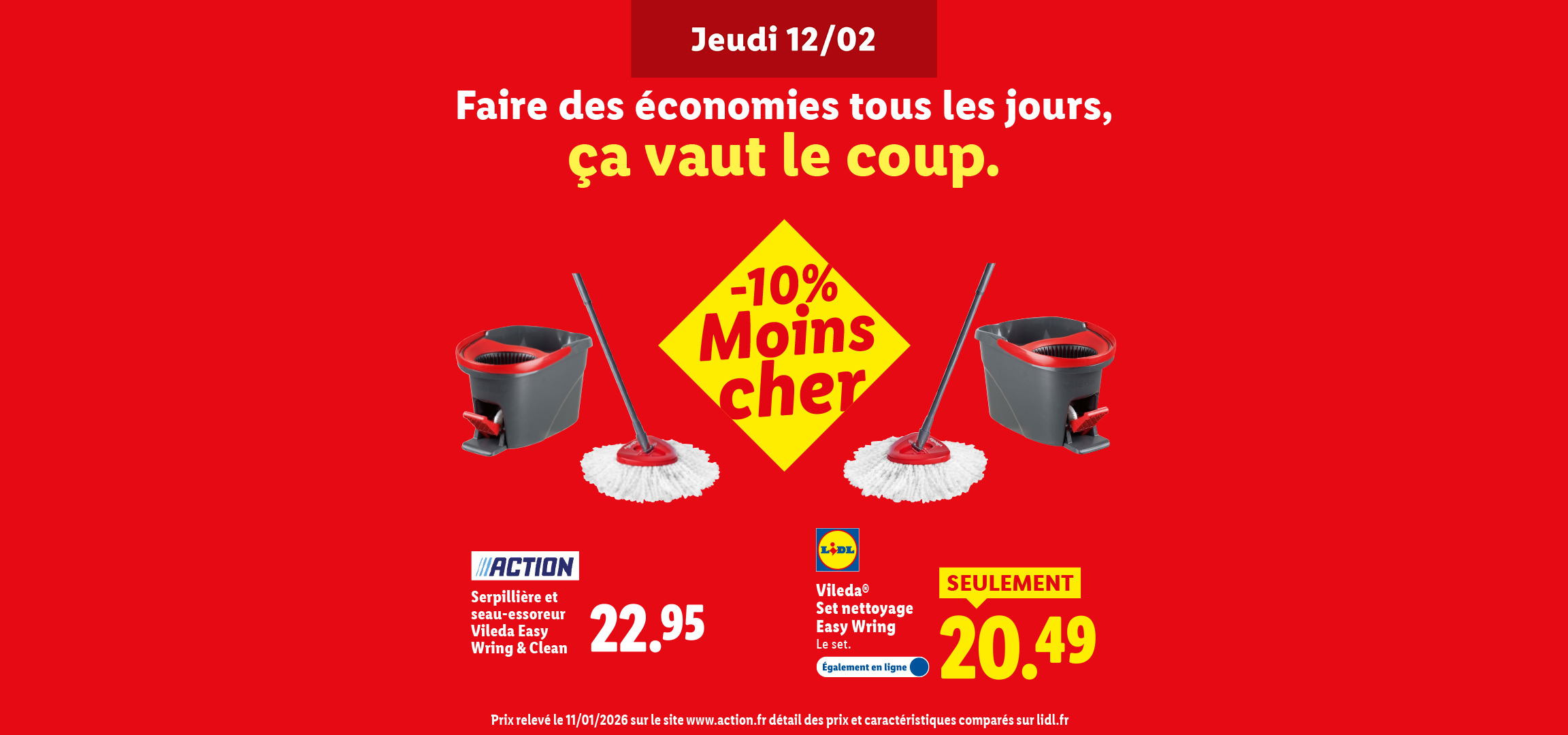 Publicité pour un ensemble serpillière et seau-essoreur, avec une offre spéciale.