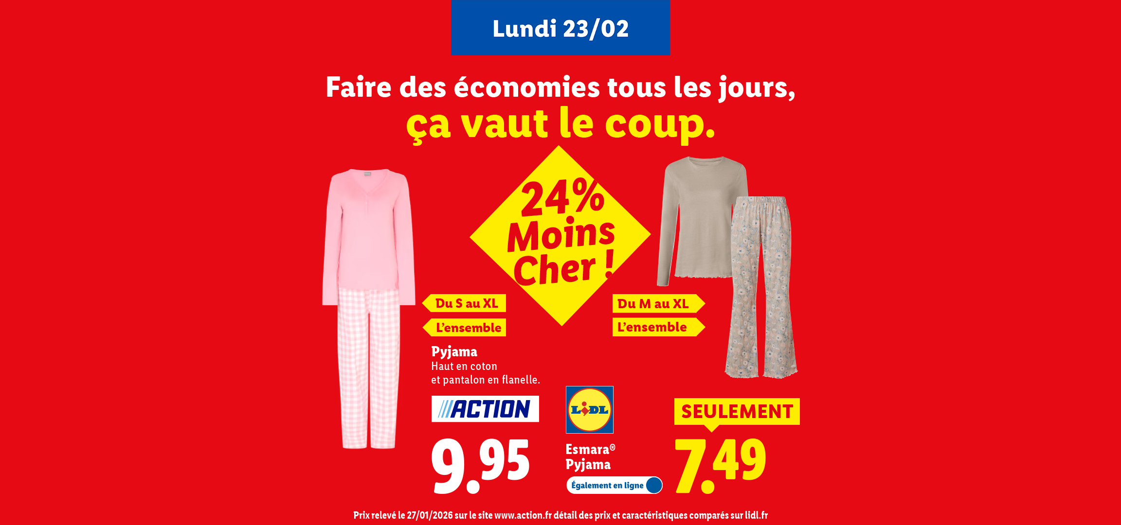 Offre de pyjamas pour femmes, un rose à carreaux et un beige fleuri, avec des prix réduits.