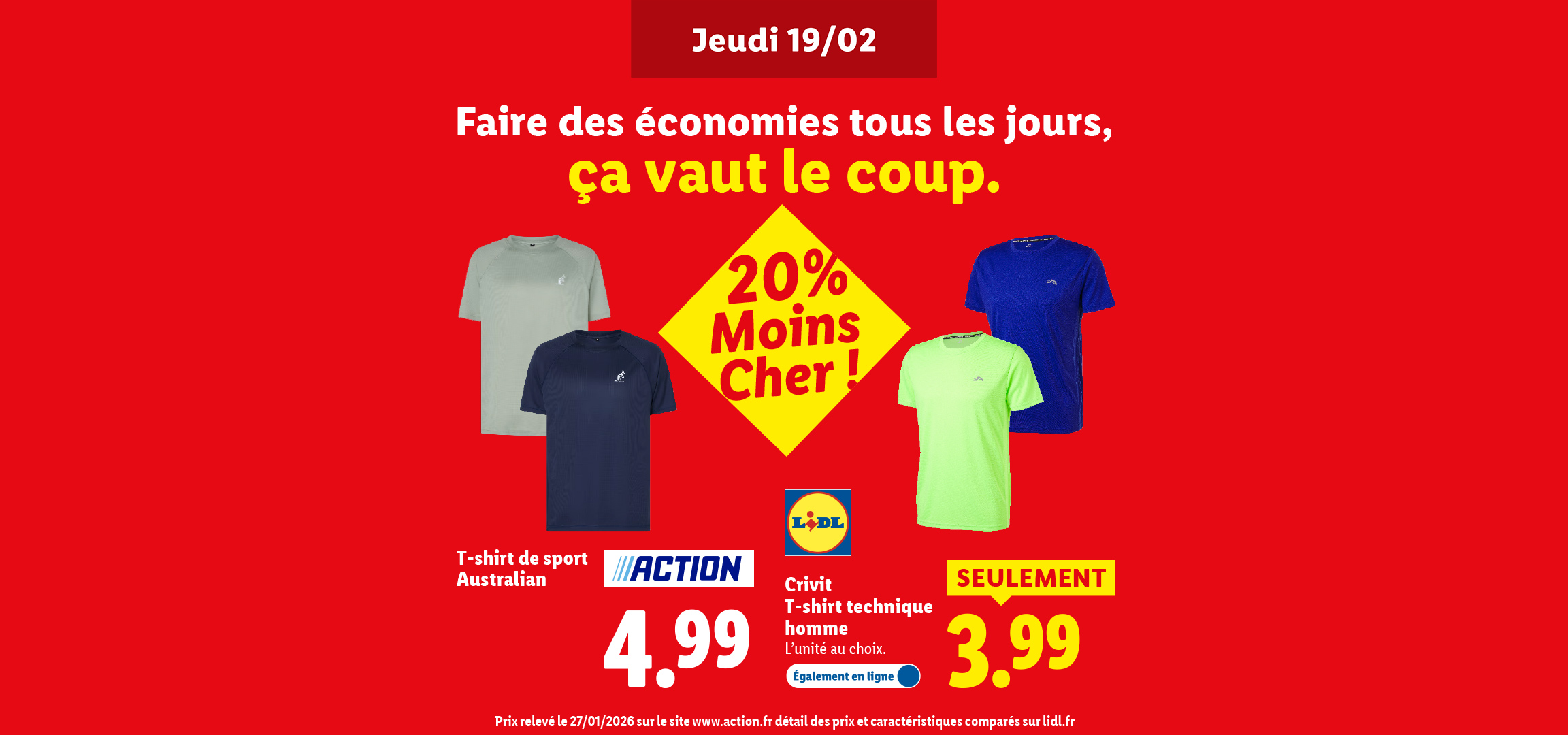 Publicité pour des t-shirts de sport pour hommes à prix réduits, disponibles en plusieurs couleurs.