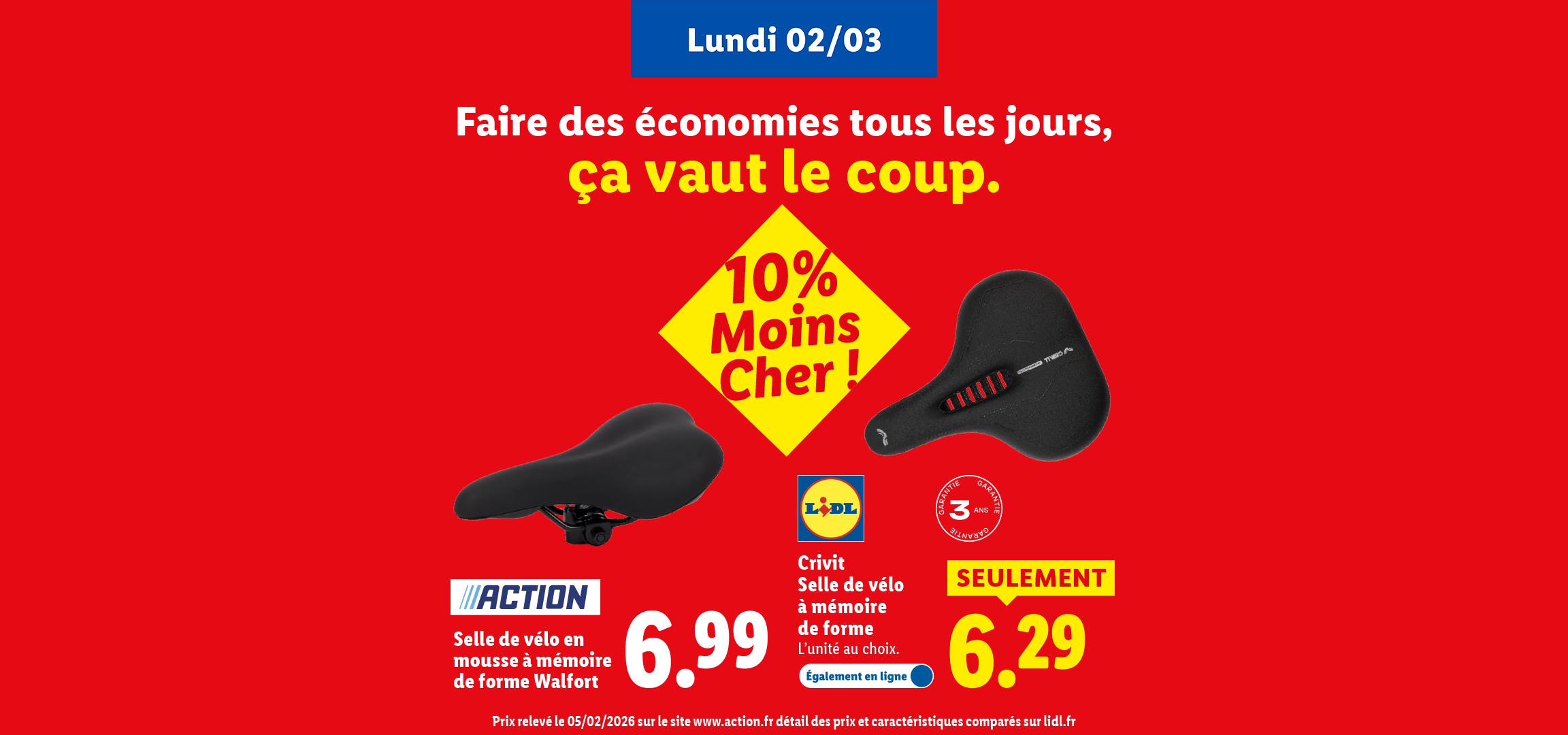 Publicité comparative entre Lidl et Action sur des selles de vélo.