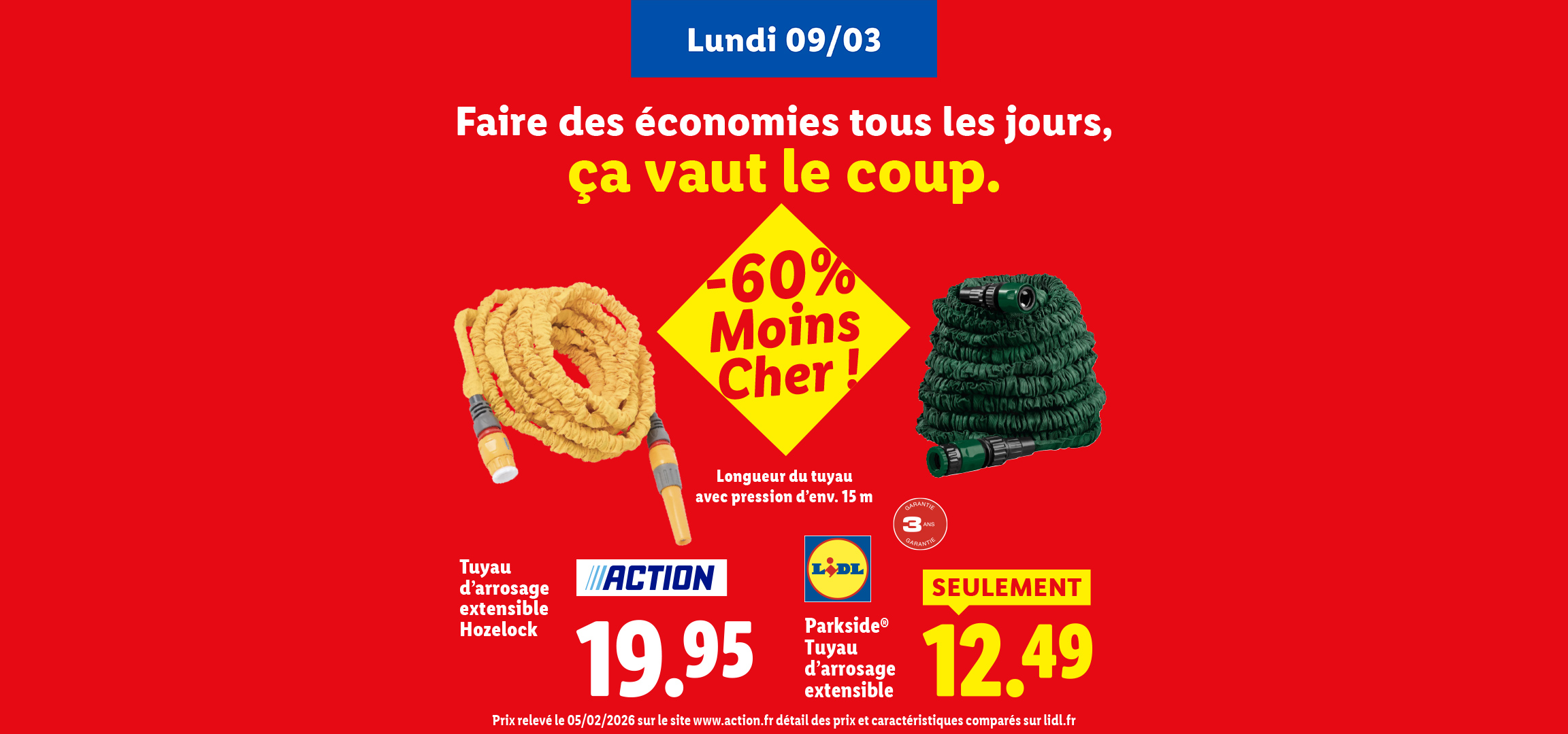 Deux tuyaux d'arrosage extensibles, l'un jaune et l'autre vert, avec des prix comparatifs.