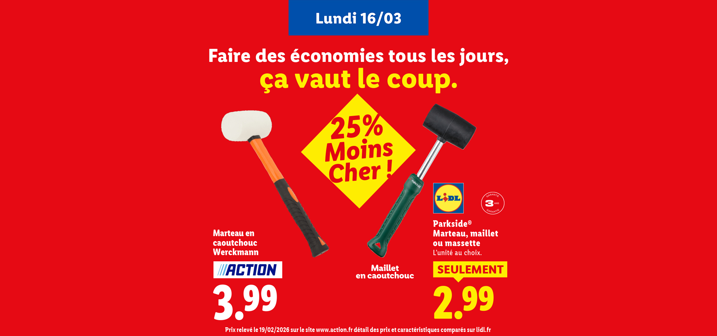 Publicité pour des marteaux et maillets en caoutchouc, avec des prix comparatifs et une offre spéciale.