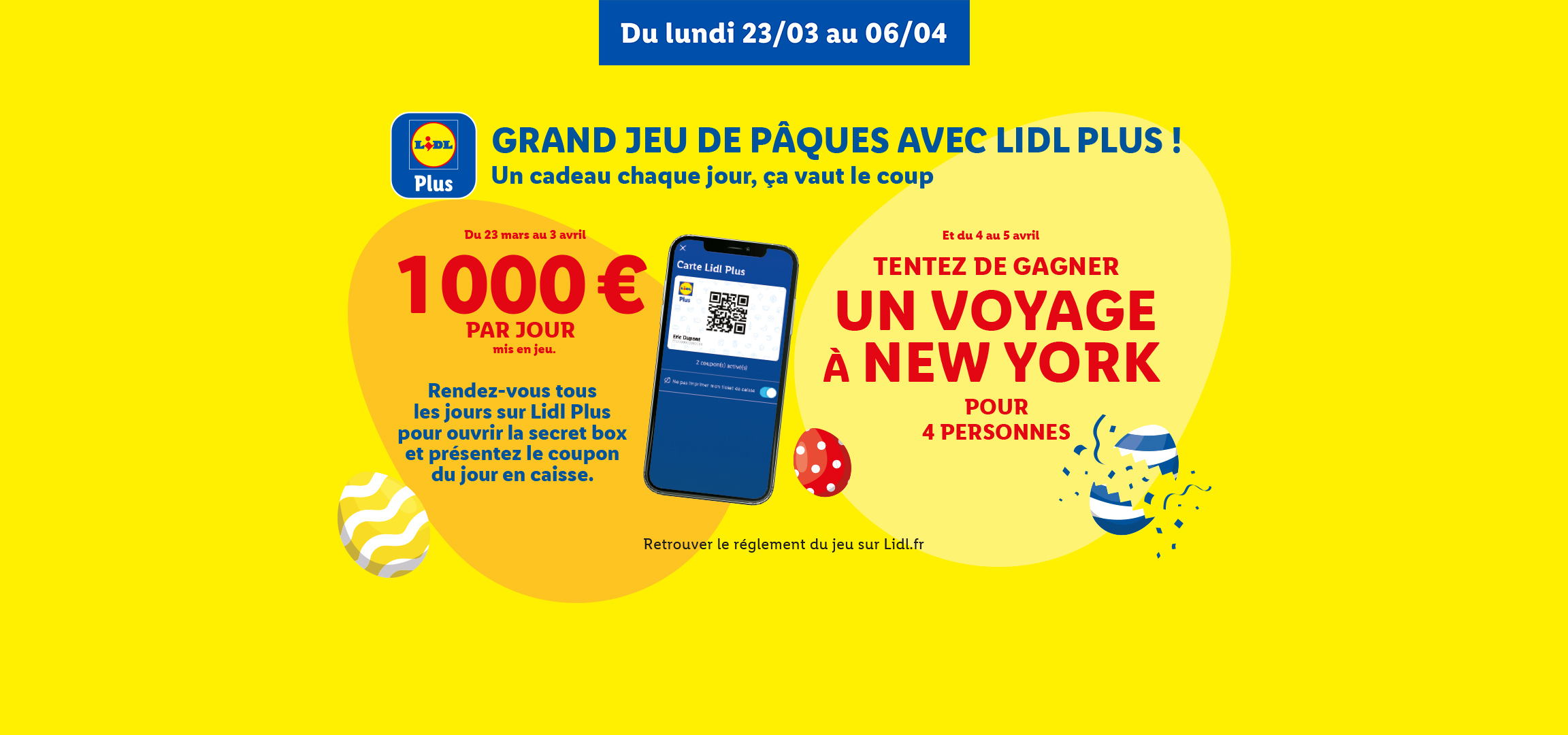 Jeu de Pâques avec l'application de fidélité, offrant 1000€ par jour et un voyage à New York.