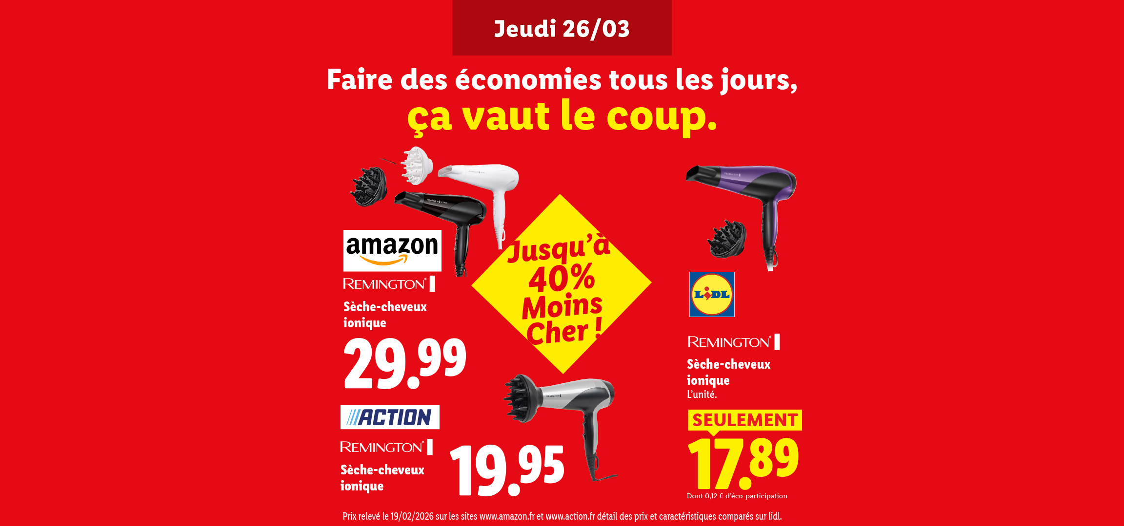 Étude comparative sur un sèche-cheveux ioniques d'Amazon, de Action et de Lidl. Le modèle de Lidl est à 17,89€.