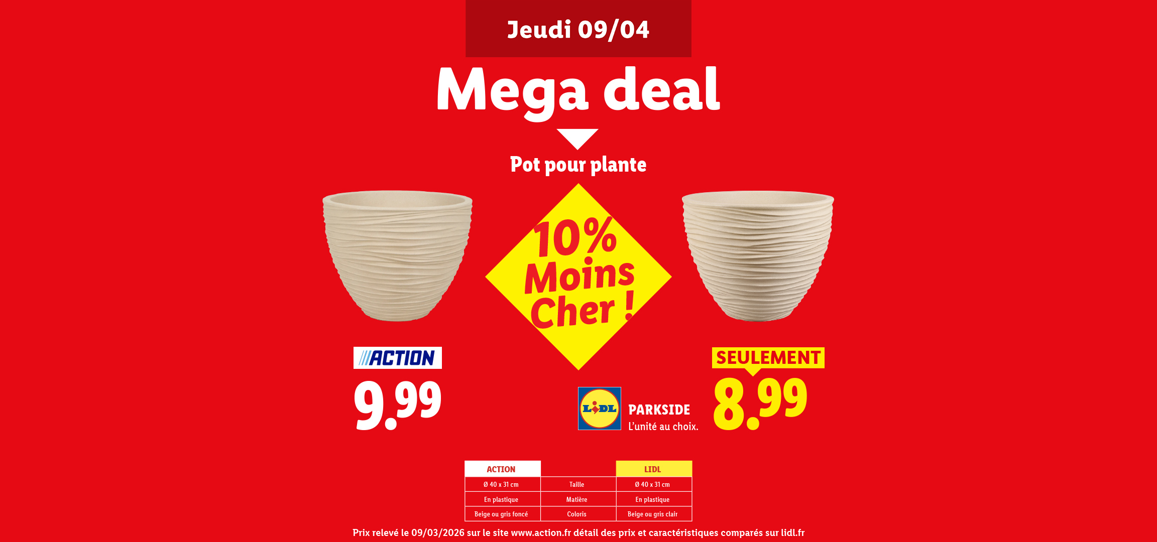 Offre spéciale sur des pots de fleurs en plastique, avec une réduction de 10%.