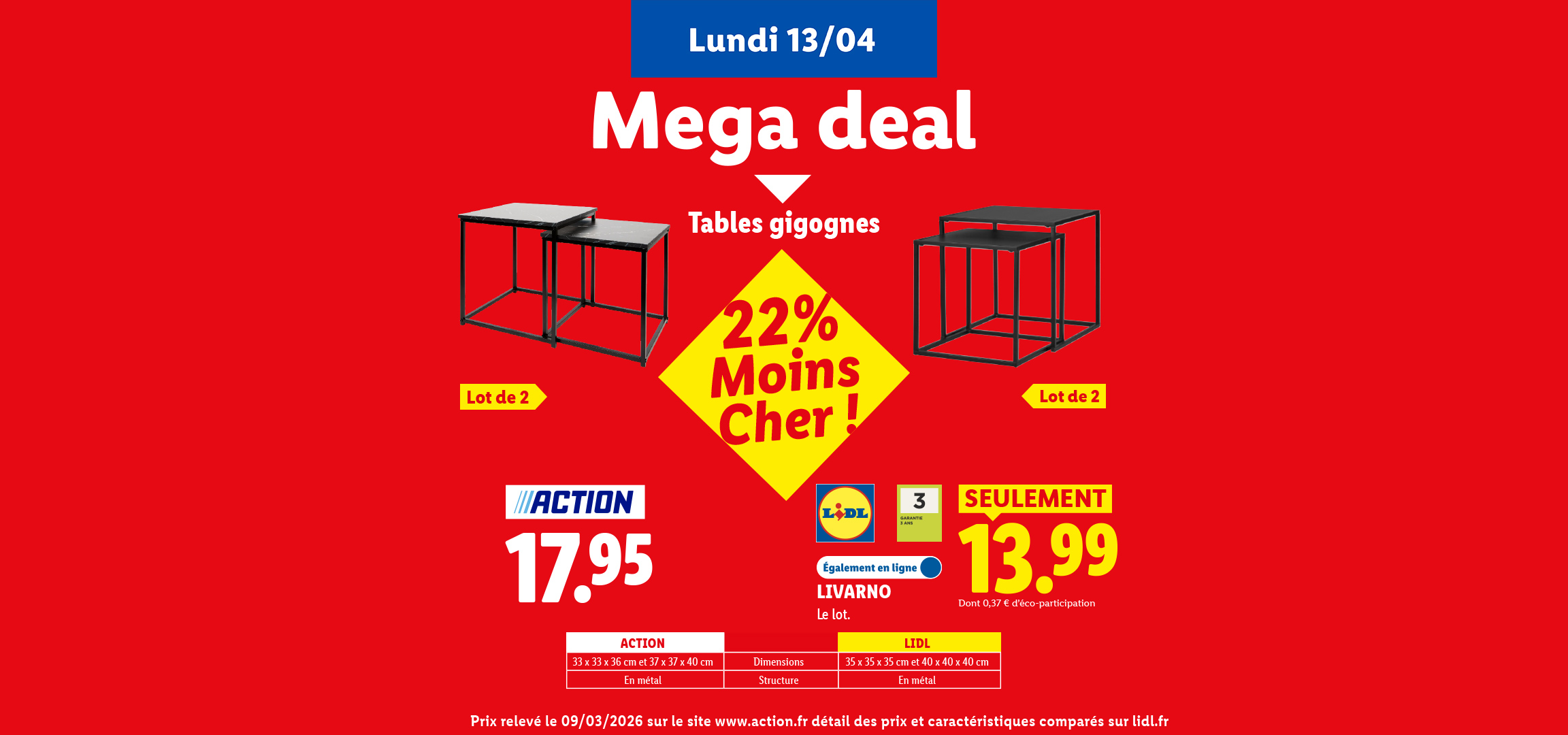 Offre spéciale sur des tables gigognes, avec une réduction de 22% et un prix de 13,99 €.