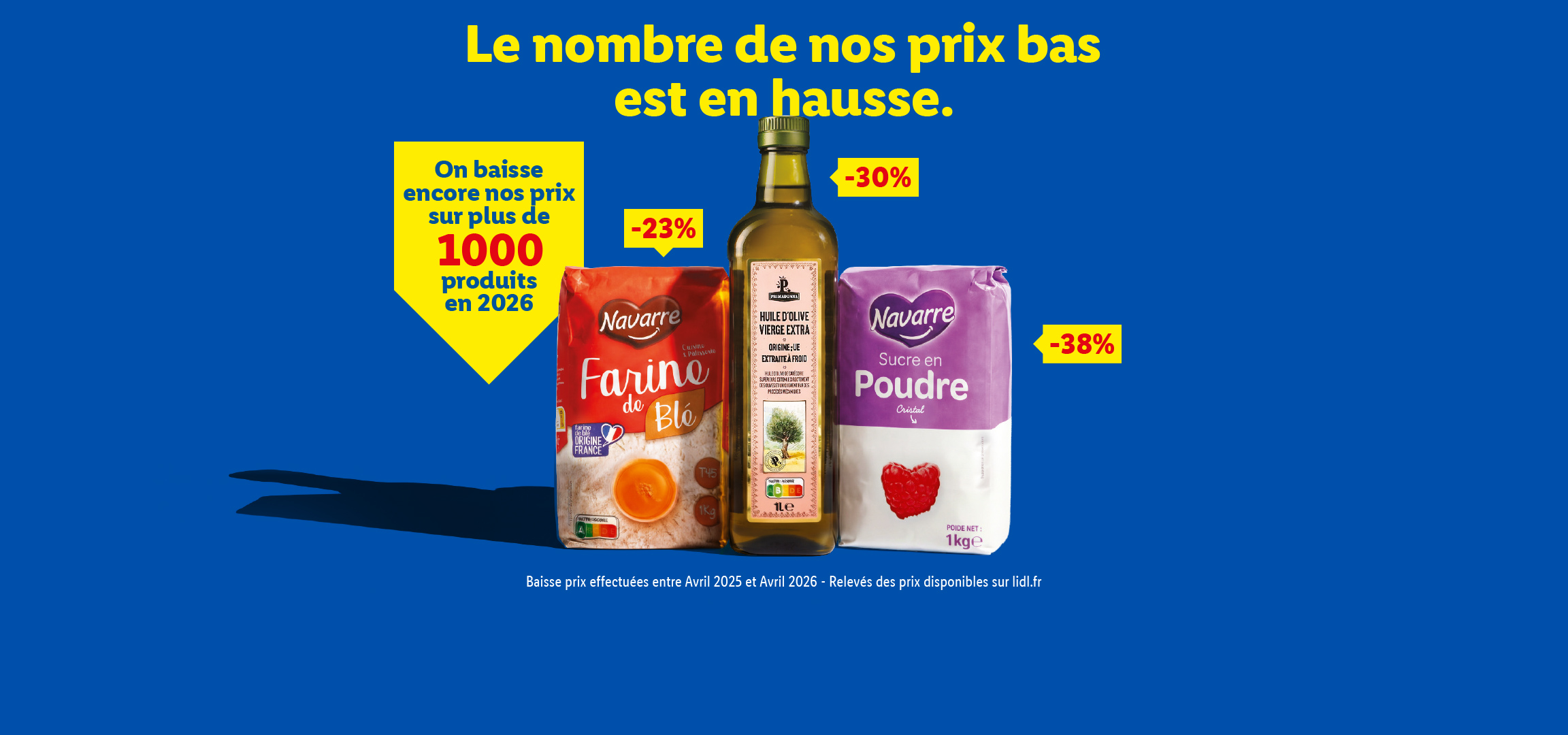 Publicité Lidl sur fond bleu avec des réductions de prix sur la farine, l'huile d'olive et le sucre en poudre.
