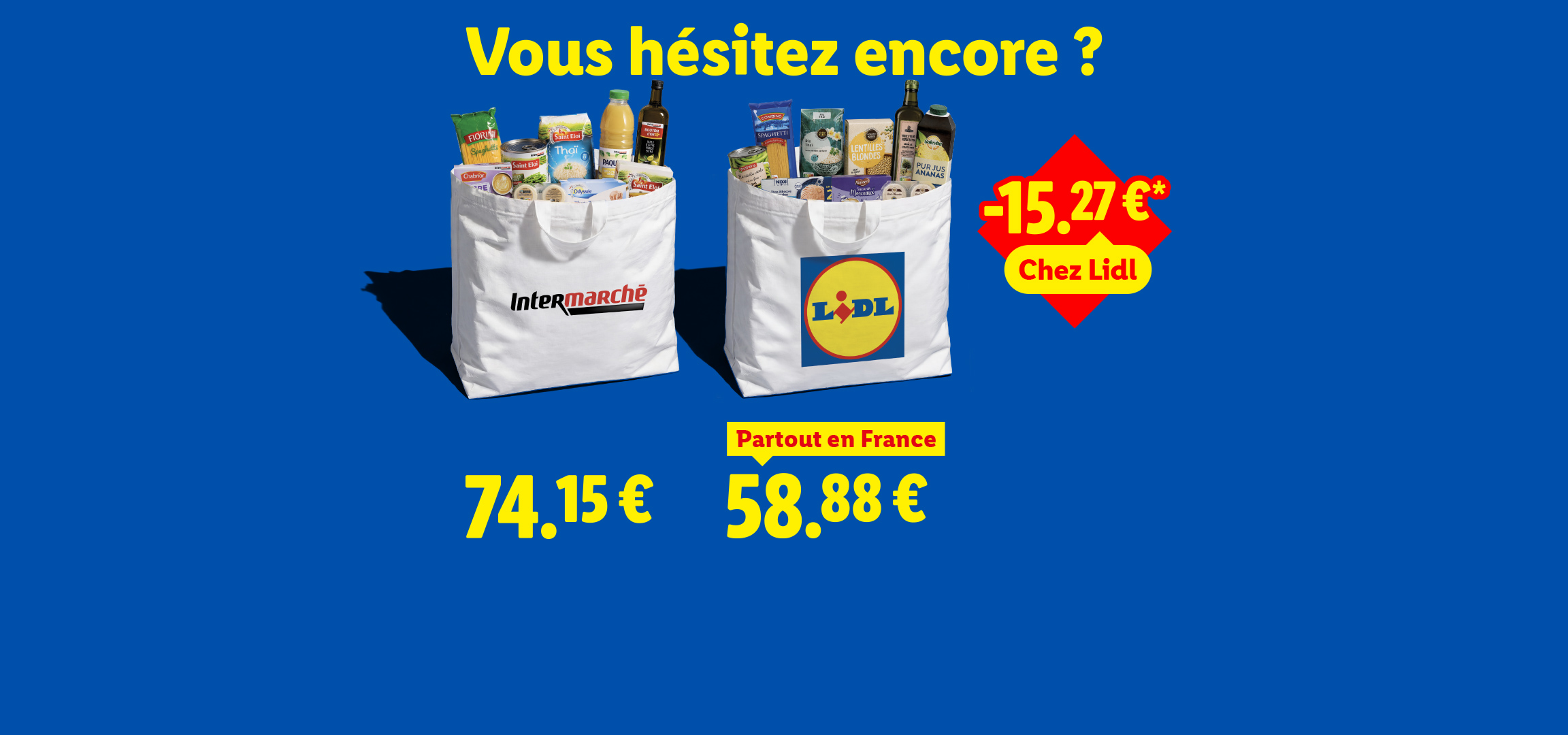 Deux sacs de courses remplis de produits alimentaires, comparant les prix de 74,15 € et 58,88 €, avec une économie de 15,27 € chez Lidl.