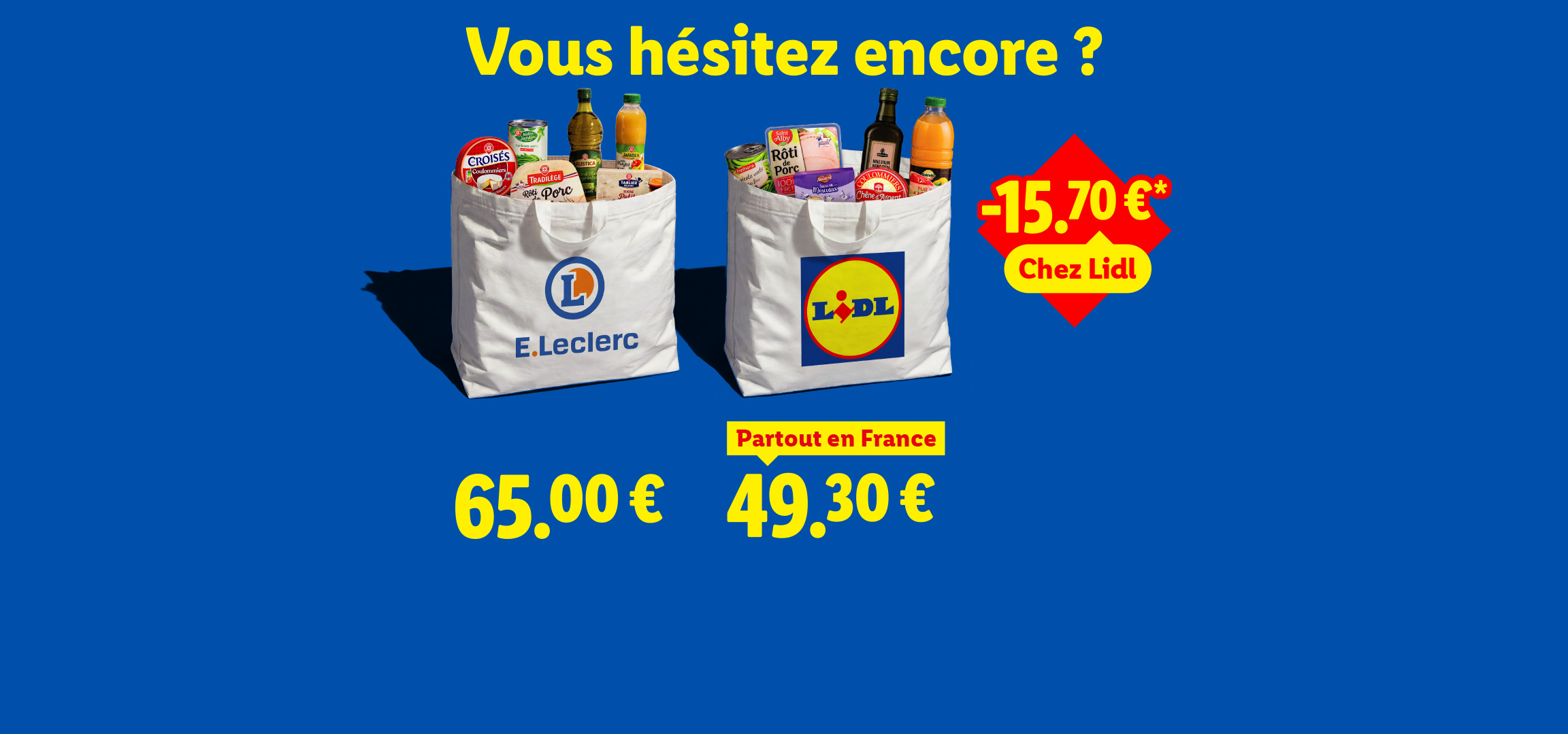 Deux sacs de courses remplis de produits alimentaires, comparant les prix de 65,00 € chez E.Leclerc et 49,30€ chez Lidl, avec une économie de 15,70 € chez Lidl.