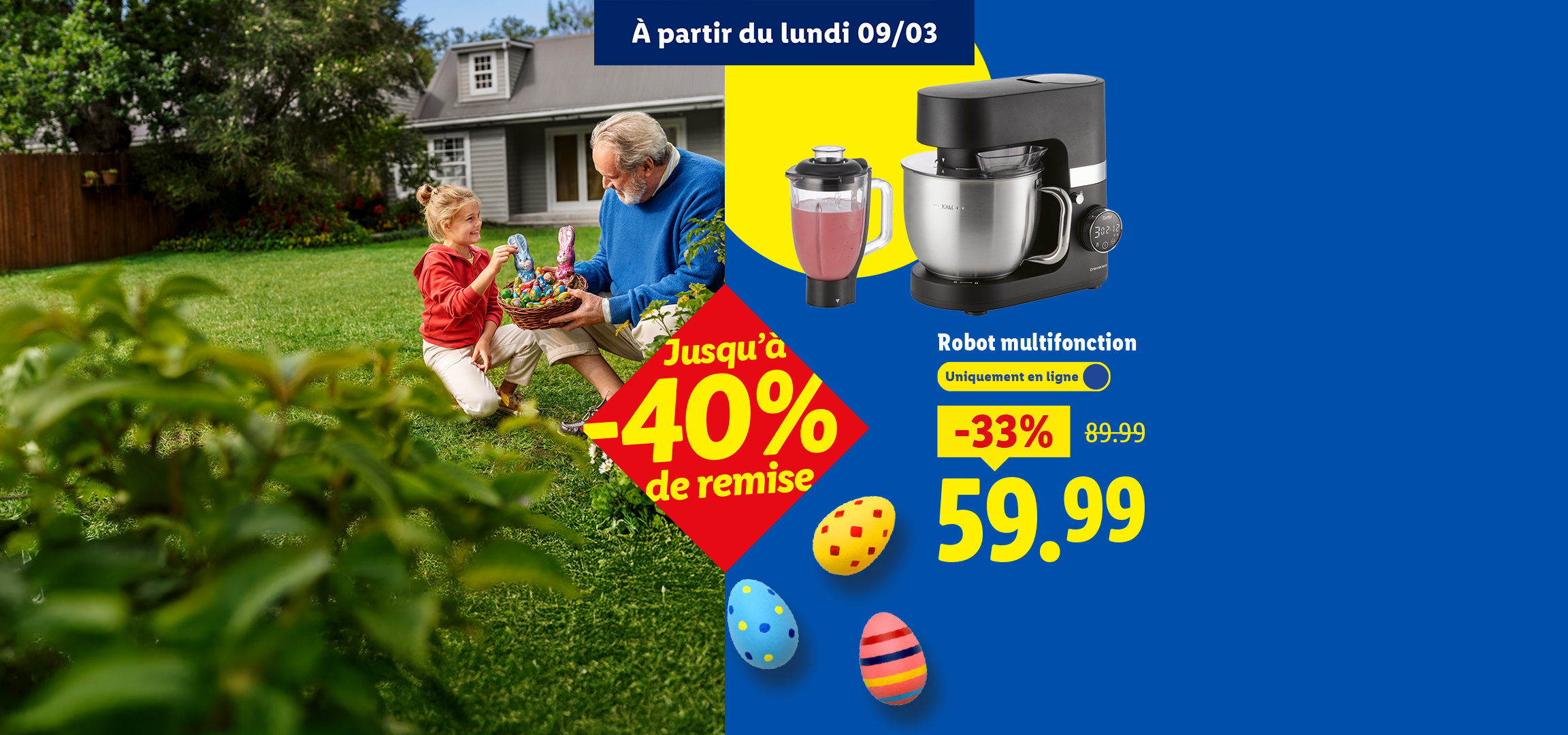 Un robot multifonction avec blender, en promotion à 59,99 €, et une fille avec un homme tenant un panier d'œufs de Pâques.