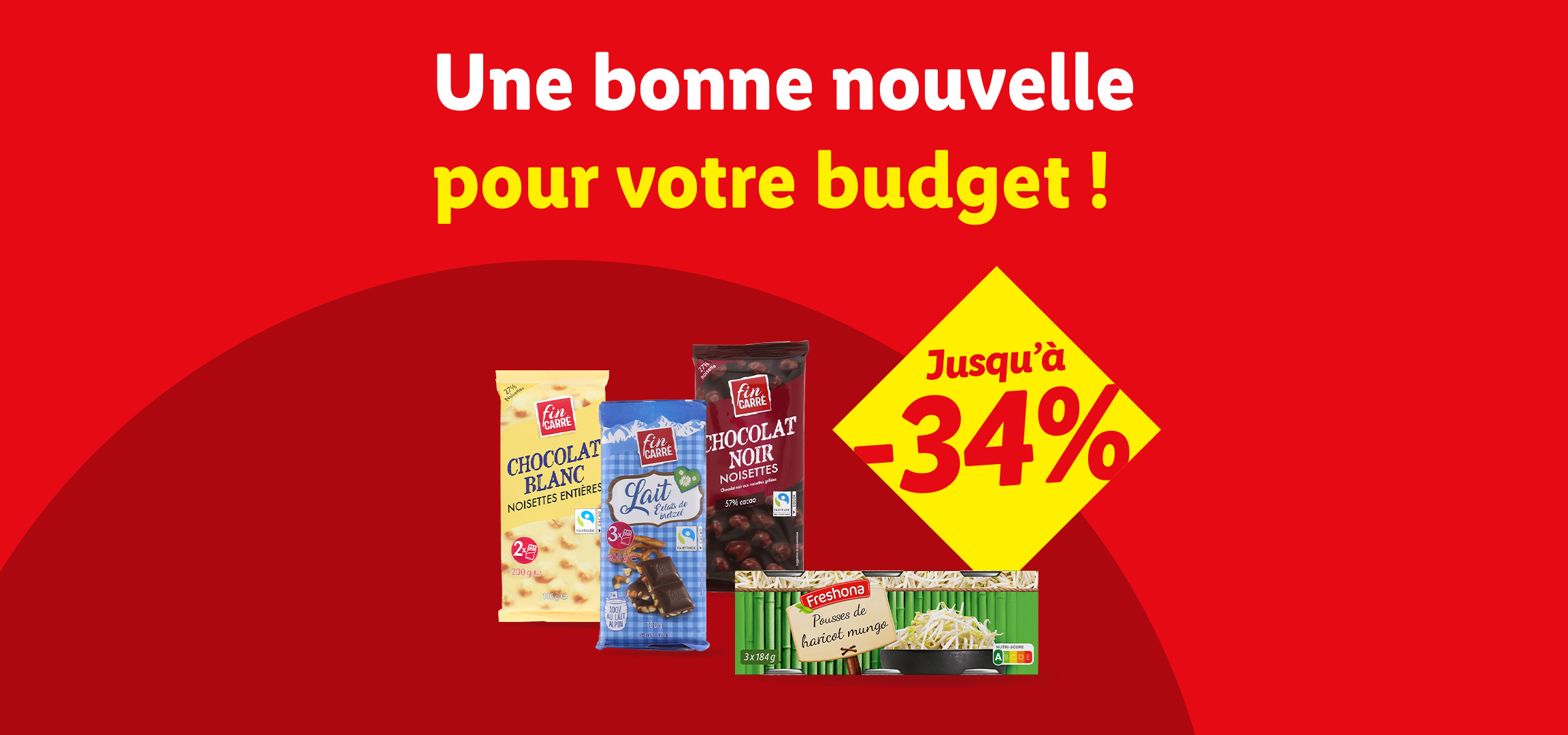 Une promotion jusqu'à -34% sur des chocolats (blanc, lait, noir) et des pousses de haricot mungo.