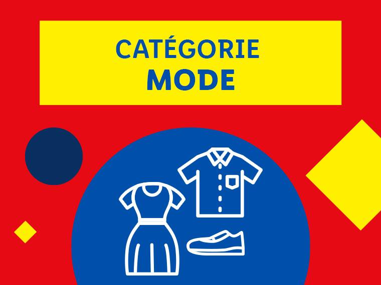 Une bannière rouge avec le texte 'CATÉGORIE MODE' sur une bande jaune, et des icônes de robe, chemise et chaussure.