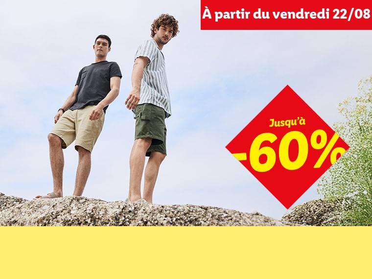 Deux hommes en shorts et t-shirts sur un rocher, avec une promotion de -60%.