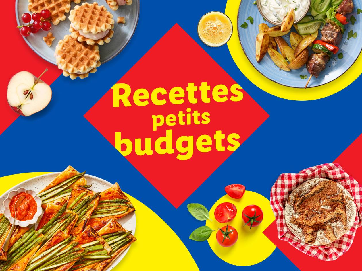 Recettes petits budgets : gaufres, brochettes, tarte aux asperges, pain, tomates.