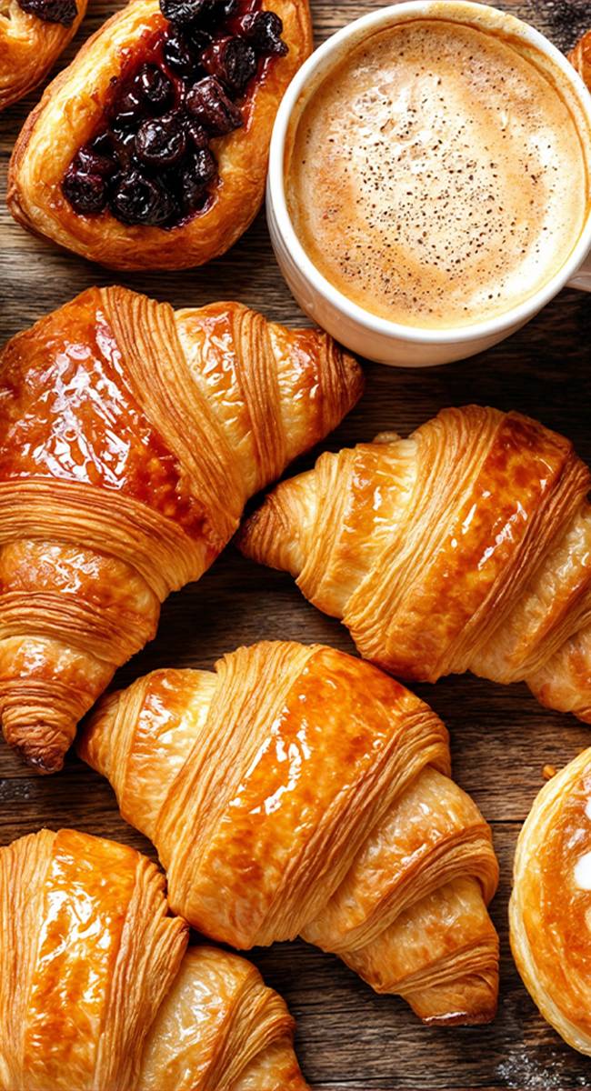 Des croissants dorés et des pâtisseries aux airelles sont disposés autour d'une tasse de café.