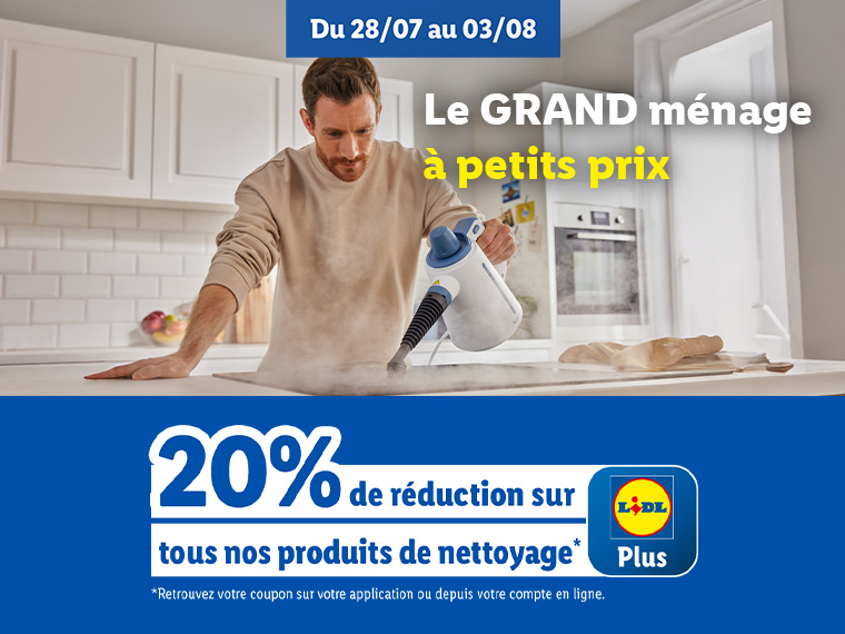 Lidl Plus offre 20% de réduction sur les produits de nettoyage du 28/07 au 03/08.