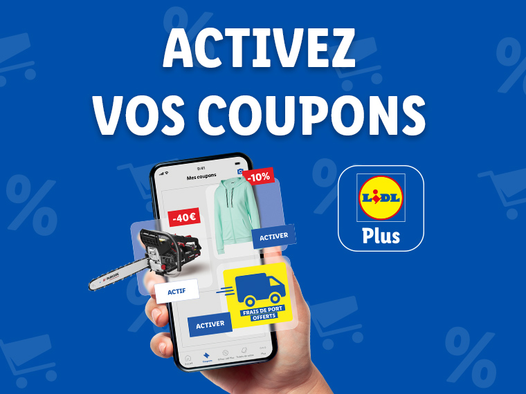 L'application Lidl Plus permet d'activer des coupons de réduction sur des produits comme une tronçonneuse et un sweat-shirt.