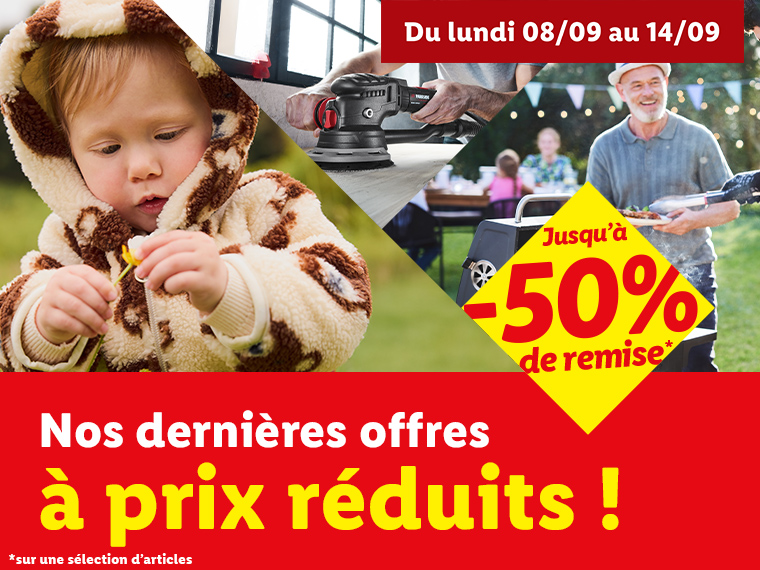 Un enfant, un homme utilisant une ponceuse, et un homme faisant un barbecue, avec des offres promotionnelles.