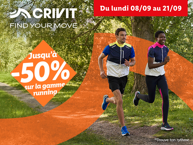 Publicité Crivit pour des vêtements de course avec jusqu'à 50% de réduction, valable du 8 au 21 septembre.