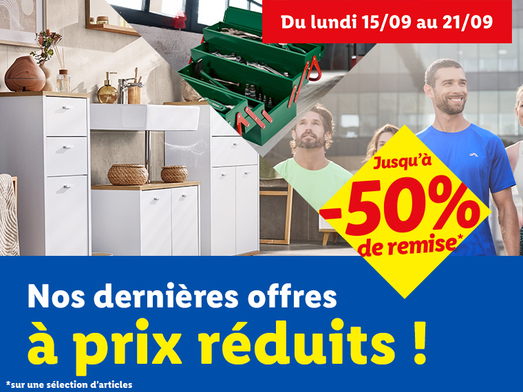 Publicité pour des offres à prix réduits, avec des meubles de salle de bain, une boîte à outils et des personnes souriantes, jusqu'à -50% de remise.