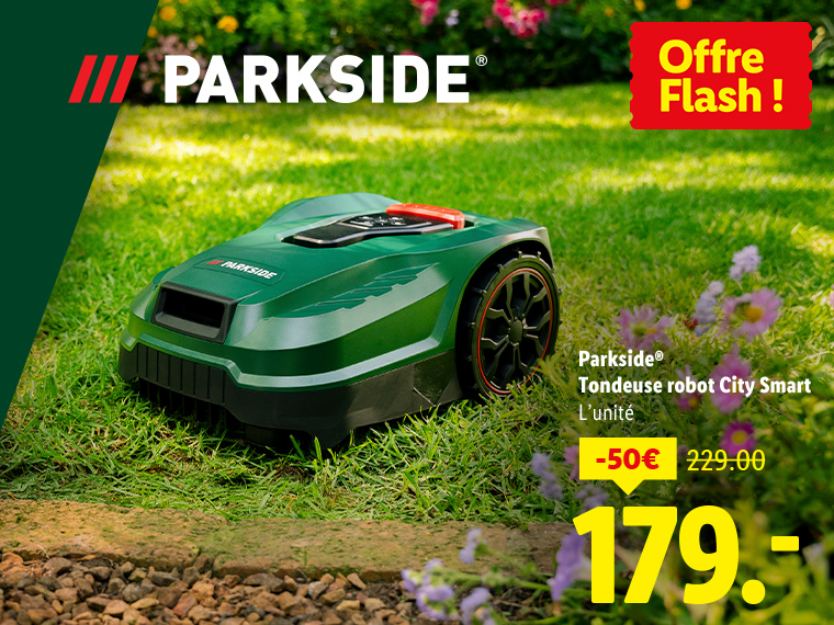 Tondeuse robot Parkside City Smart en promotion sur une pelouse.