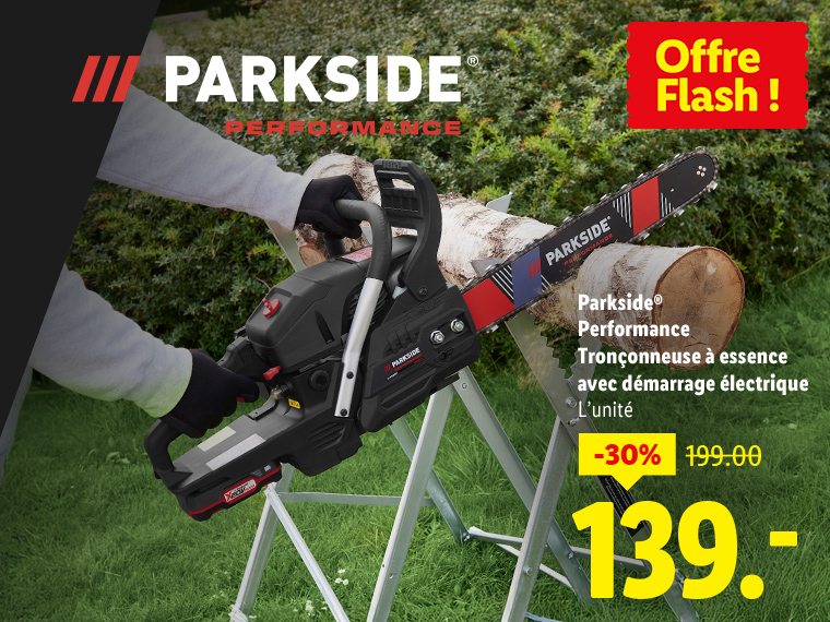 Publicité pour une tronçonneuse à essence Parkside Performance avec démarrage électrique, en promotion.
