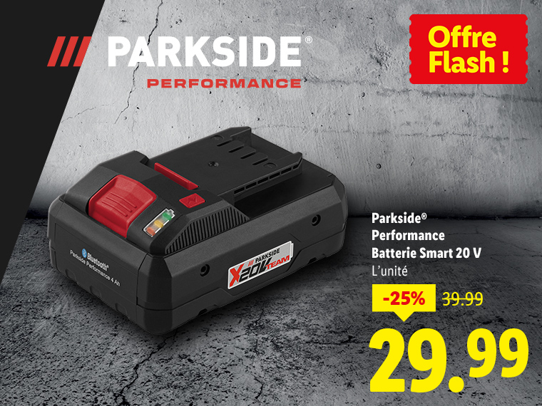 Une batterie Parkside Performance Smart 20 V en promotion, affichant un prix réduit.