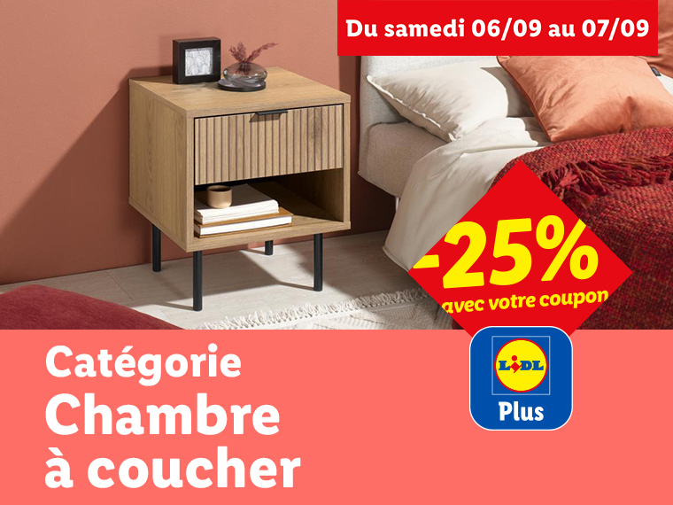Table de chevet en bois avec tiroir, lit et réduction de 25% sur la catégorie Chambre à coucher.
