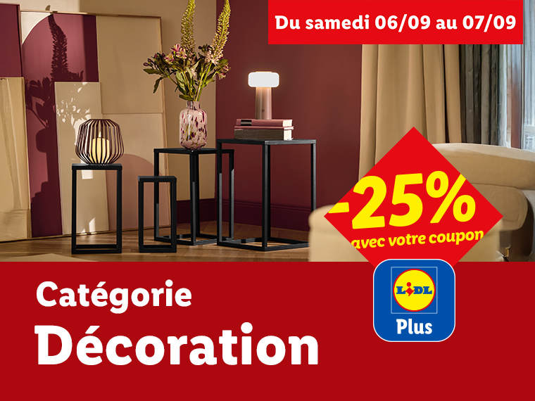 Décoration intérieure avec des tables d'appoint noires, un vase de fleurs et une lanterne, avec une offre Lidl.