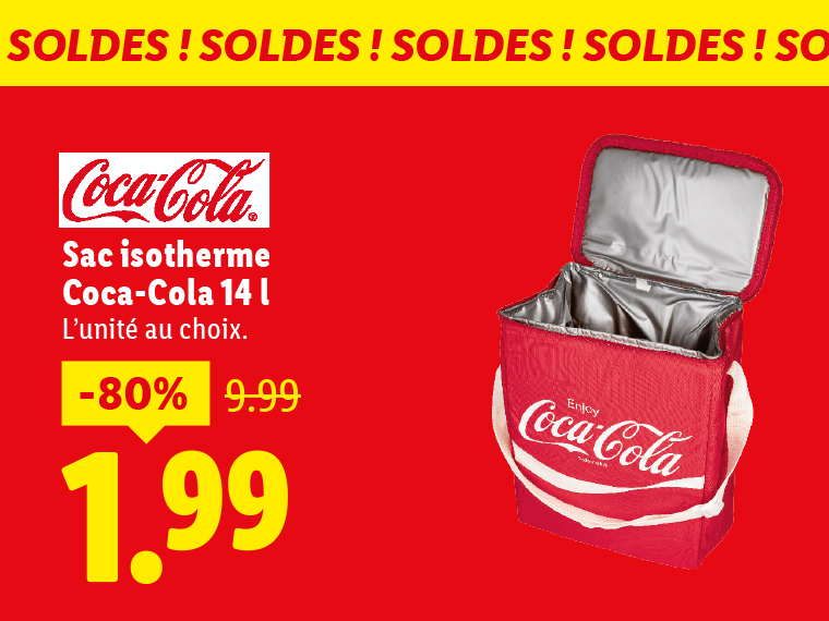 Sac isotherme Coca-Cola 14L en promotion à 1,99€, réduction de 80% sur 9,99€.