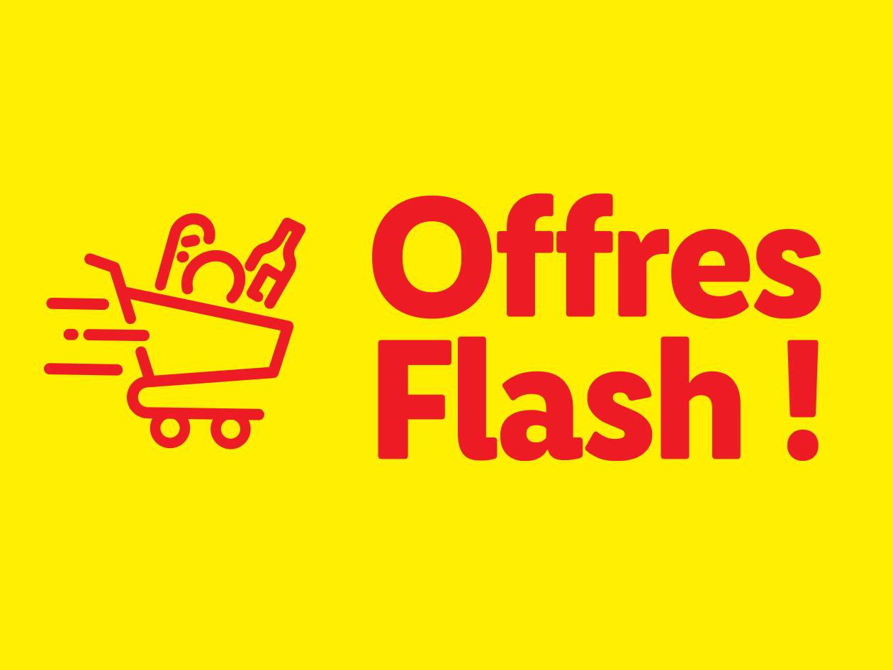Un chariot de supermarché avec des produits et le texte rouge 'Offres Flash !' sur fond jaune.