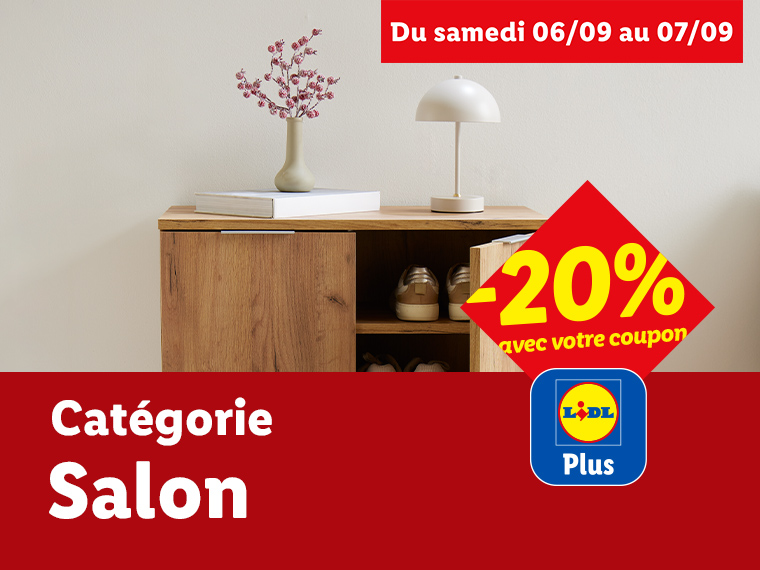 Meuble de rangement en bois avec décoration, offre de -20% et logo Lidl Plus.
