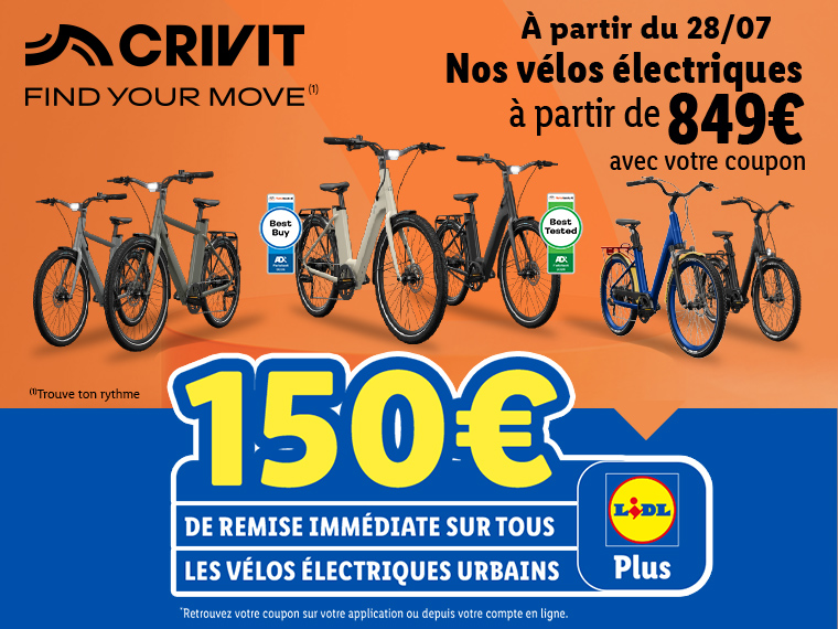 Lidl Plus offre une remise de 150€ sur les vélos électriques Crivit à partir du 28/07.