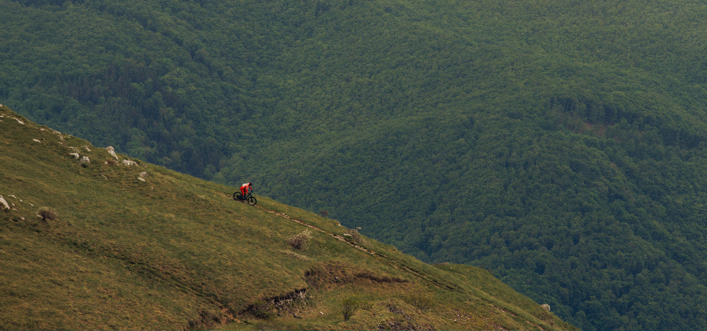 aiLabeling.aiLabelForImageAltText: VTTiste en rouge dévalant une colline herbeuse avec une forêt dense en arrière-plan.