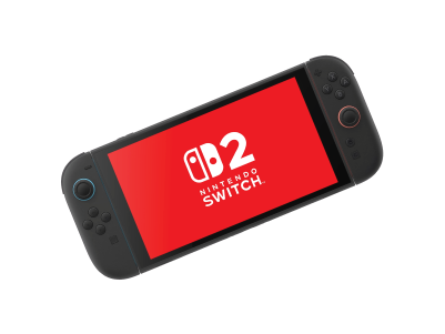 Console de jeu portable noire avec un écran rouge affichant le logo 'Nintendo Switch 2'.