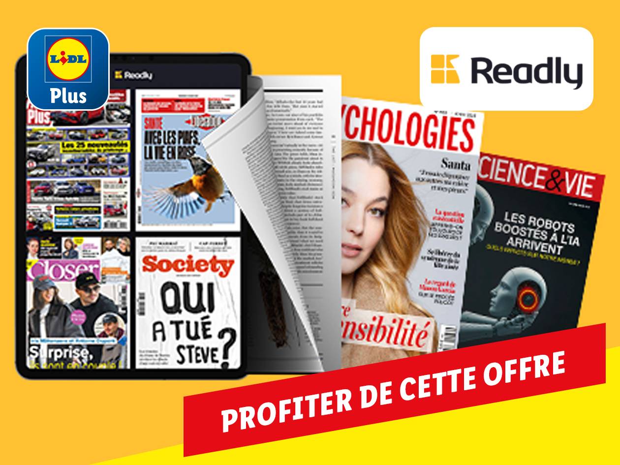 L'offre Readly de magazines : Closer, Society, Psychologies et Science & Vie, accessible via l'application Lidl Plus.