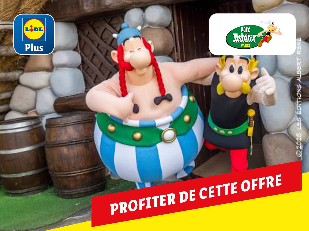 Lidl Plus offre une promotion pour le Parc Astérix avec Obélix et Astérix.
