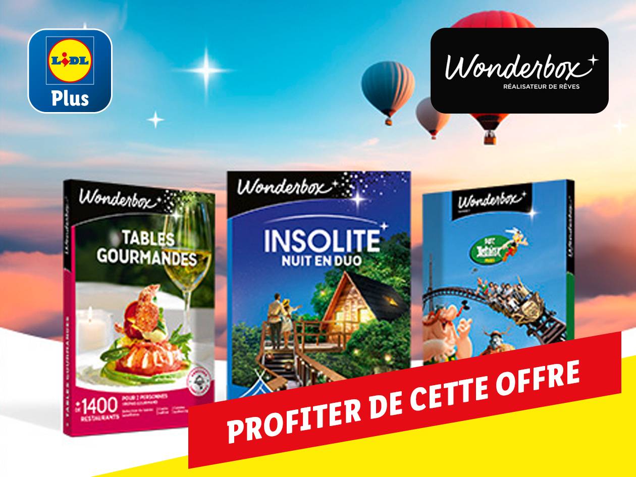 Lidl Plus présente une offre Wonderbox avec des coffrets cadeaux pour des expériences gourmandes, des séjours insolites et des parcs d'attractions.