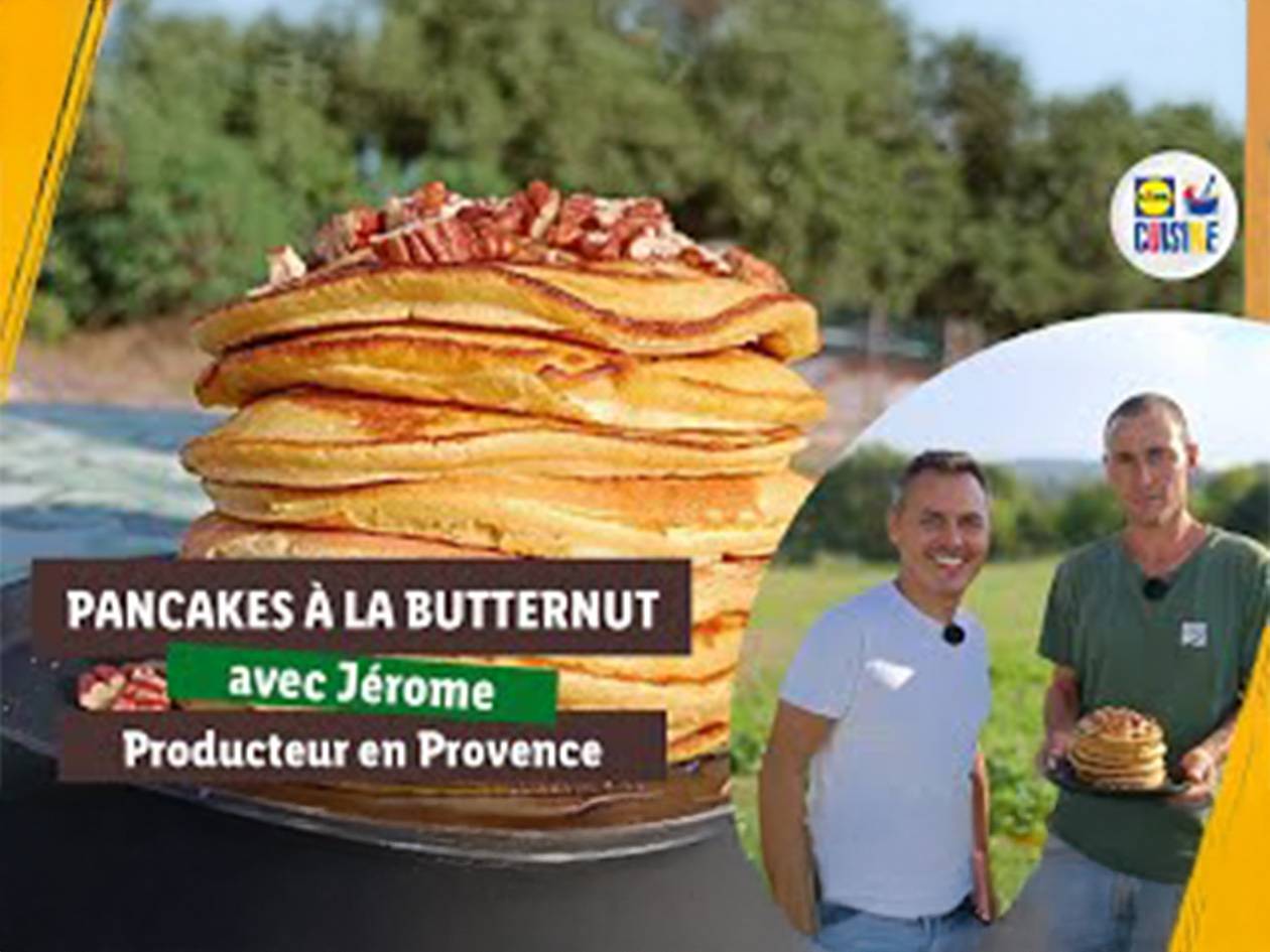 Pancakes à la butternut avec Jérôme, producteur en Provence, et le logo Lidl Cuisine.