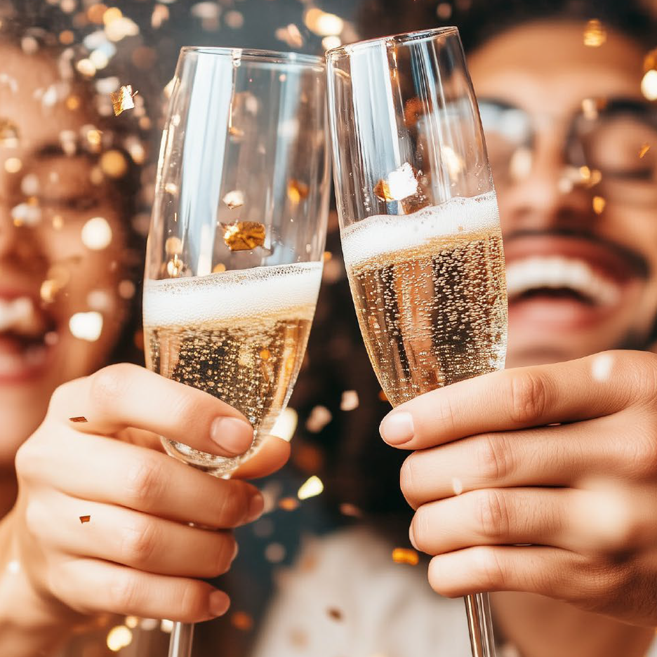 Deux flûtes de champagne, ambiance festive.