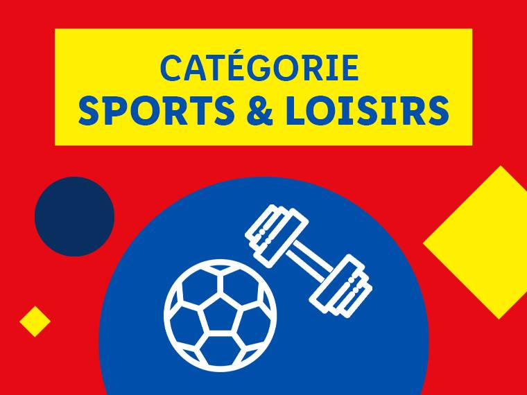 Catégorie Sports & Loisirs avec un ballon de football et un haltère sur fond rouge et jaune.