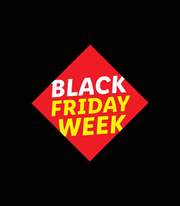 Un panneau rouge en forme de losange avec le texte 'BLACK FRIDAY WEEK' en blanc et jaune.